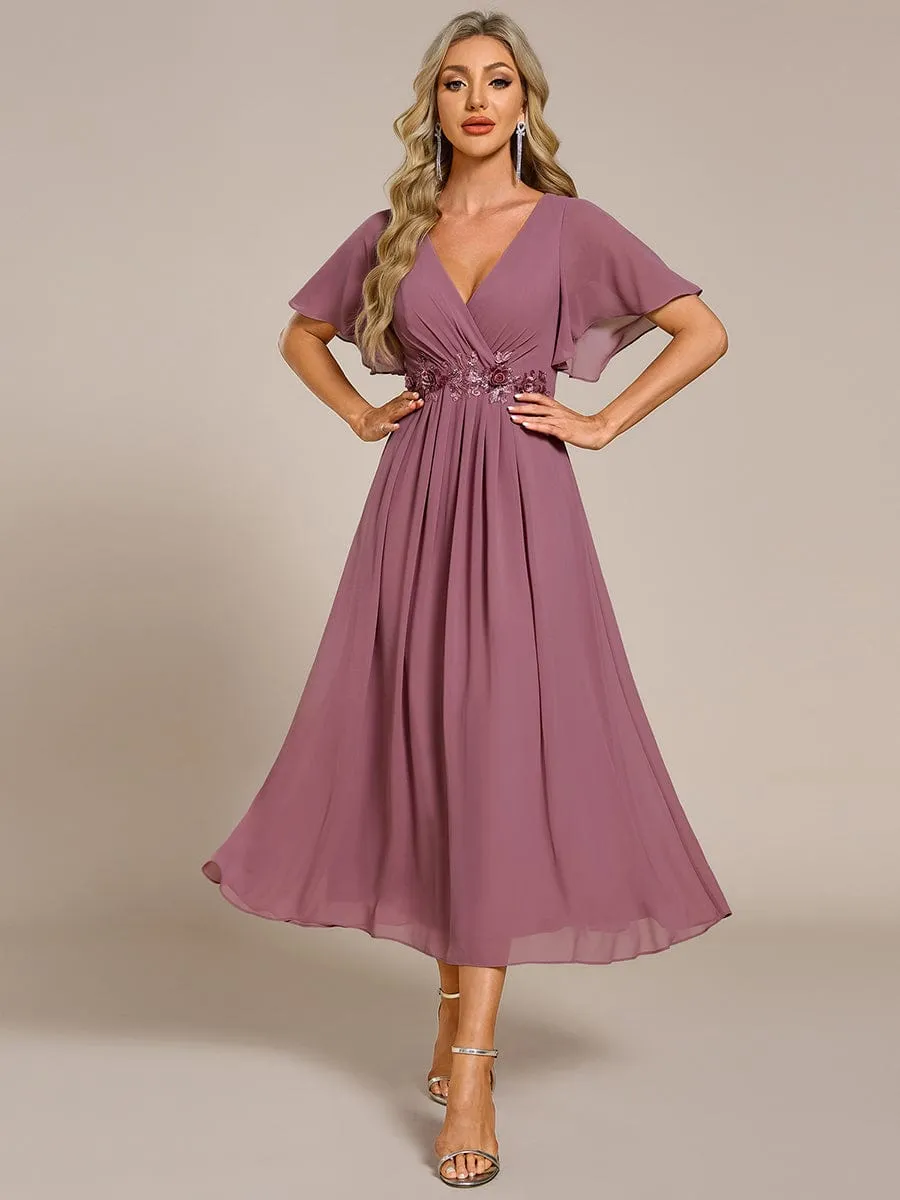 V-Neck Chiffon Midi Wedding Guest Dress with Waist Applique