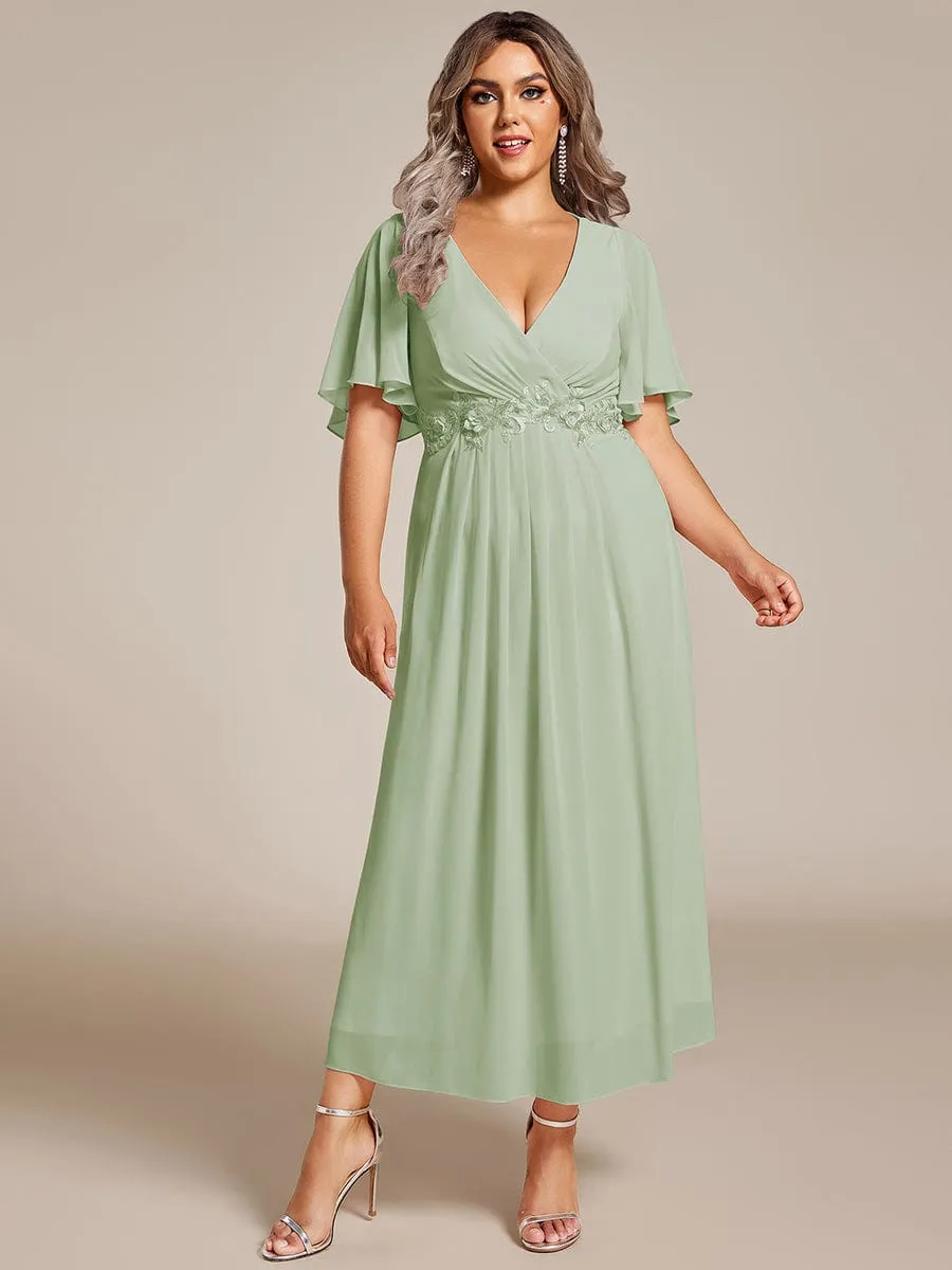 V-Neck Chiffon Midi Wedding Guest Dress with Waist Applique