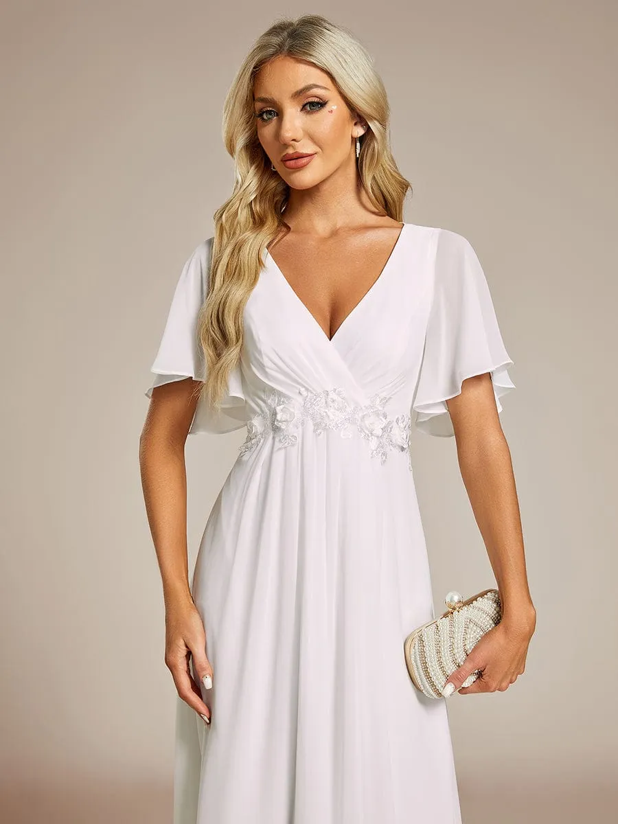 V-Neck Chiffon Midi Wedding Guest Dress with Waist Applique