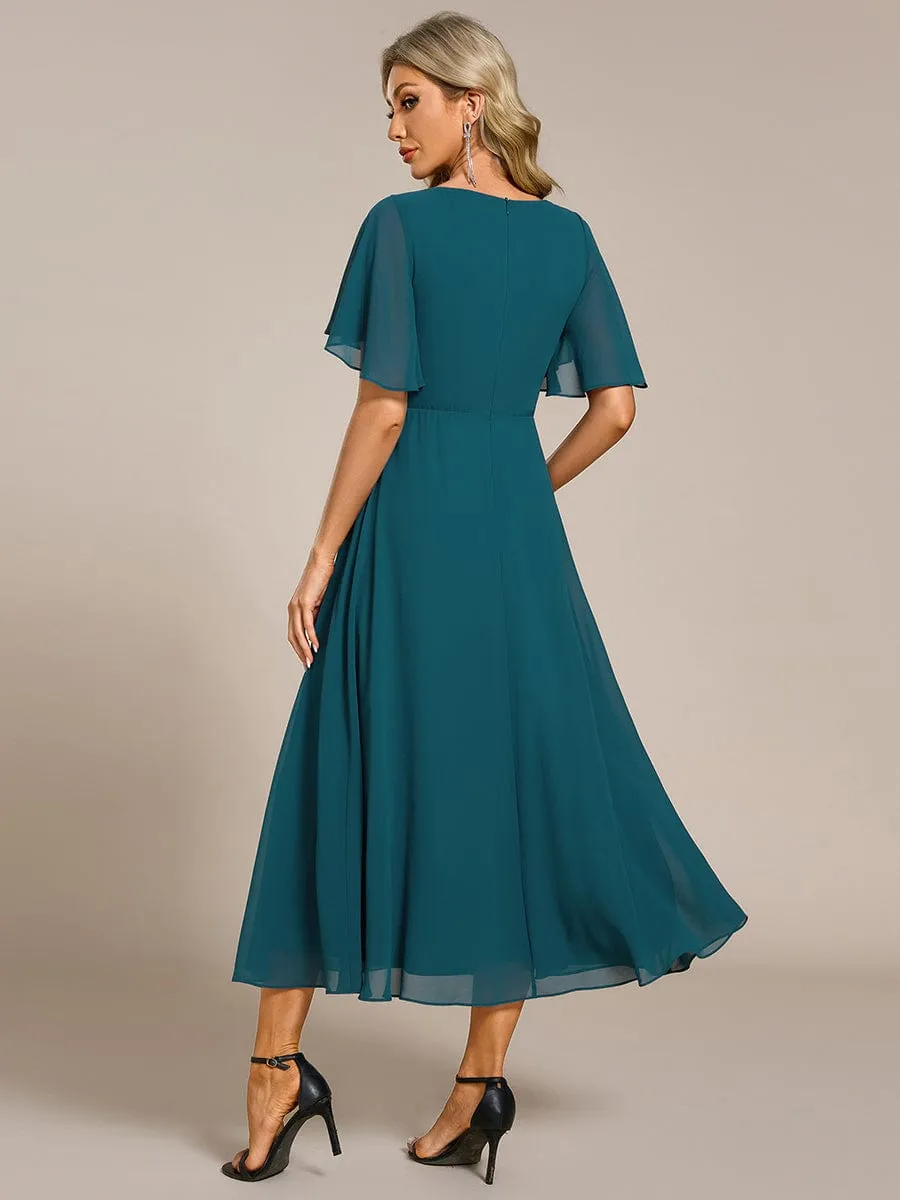V-Neck Chiffon Midi Wedding Guest Dress with Waist Applique