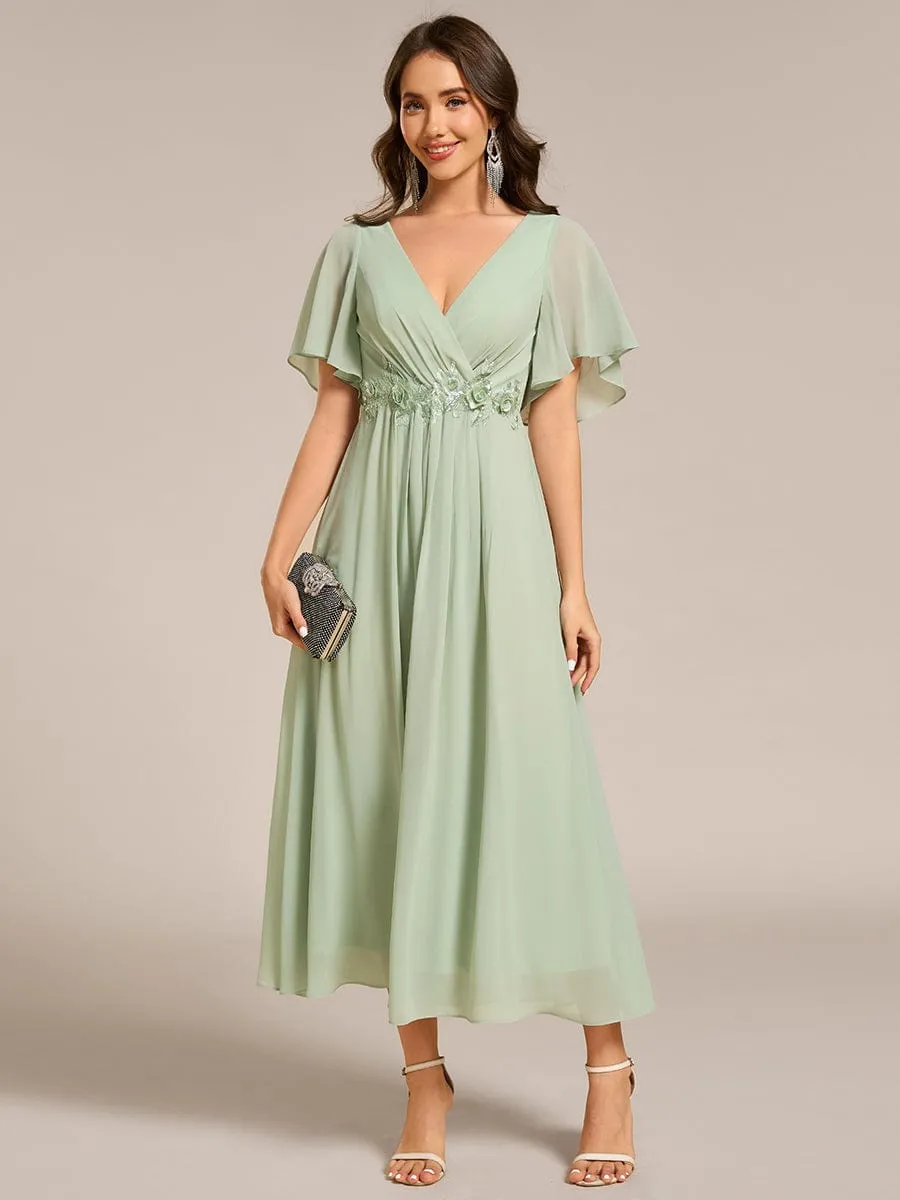 V-Neck Chiffon Midi Wedding Guest Dress with Waist Applique