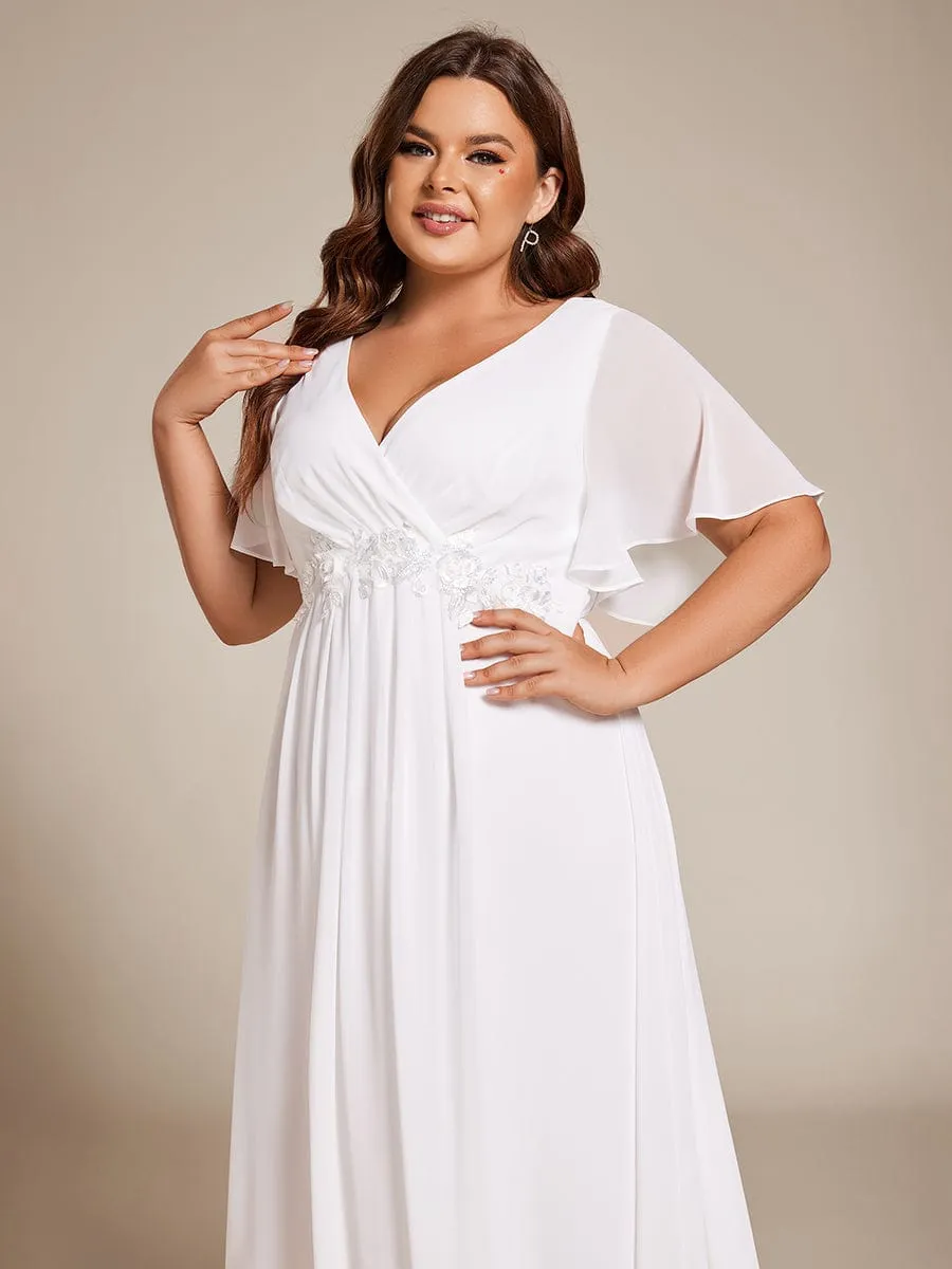 V-Neck Chiffon Midi Wedding Guest Dress with Waist Applique