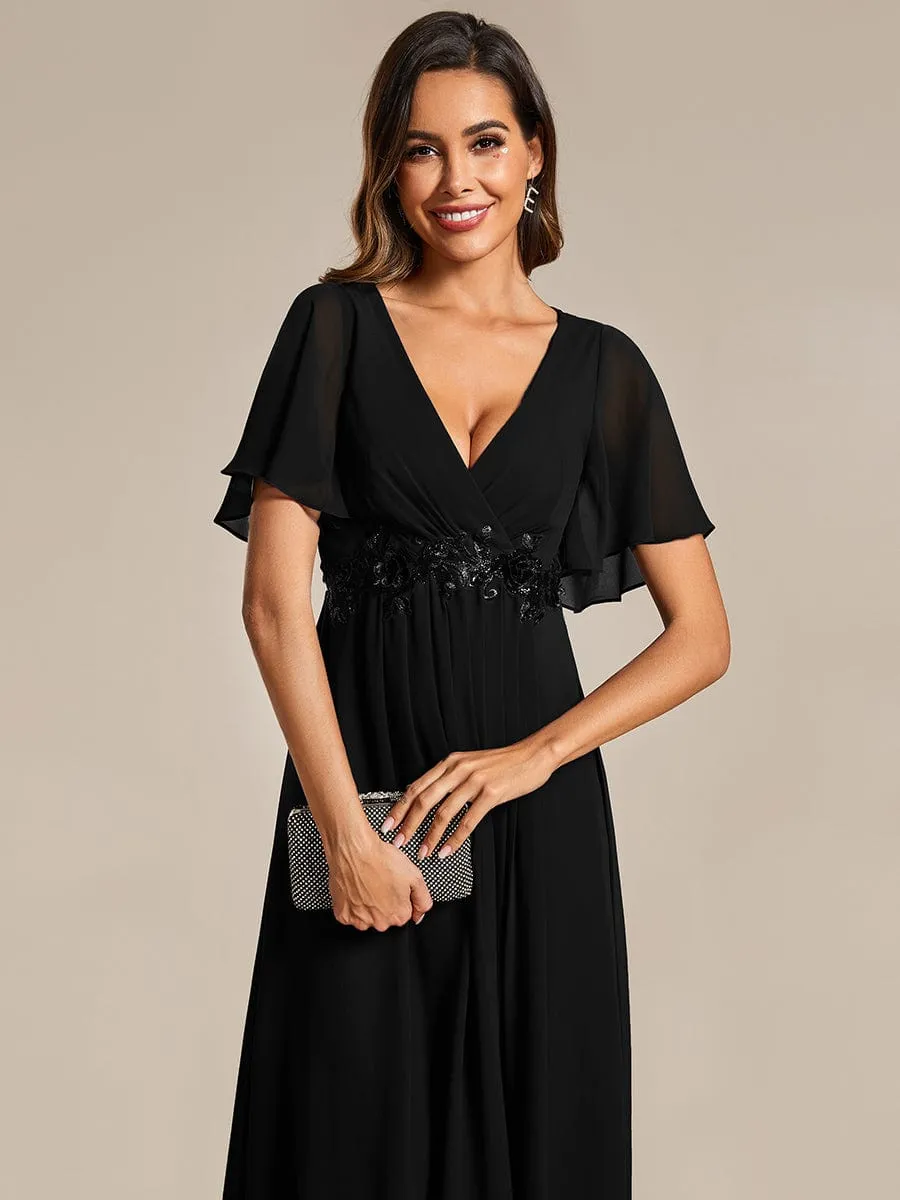 V-Neck Chiffon Midi Wedding Guest Dress with Waist Applique