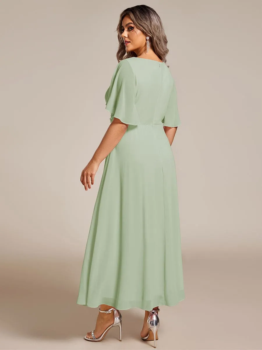 V-Neck Chiffon Midi Wedding Guest Dress with Waist Applique