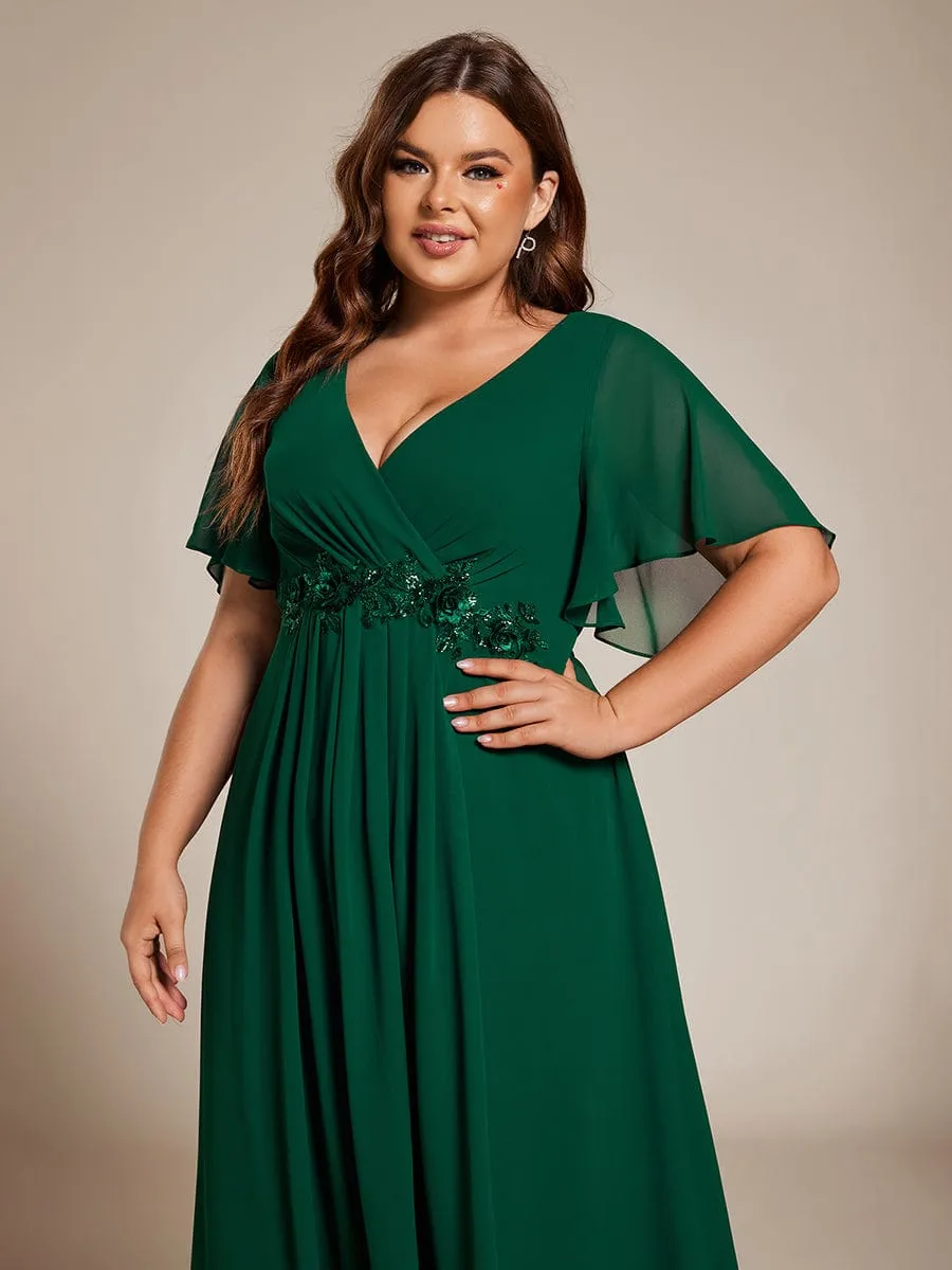 V-Neck Chiffon Midi Wedding Guest Dress with Waist Applique