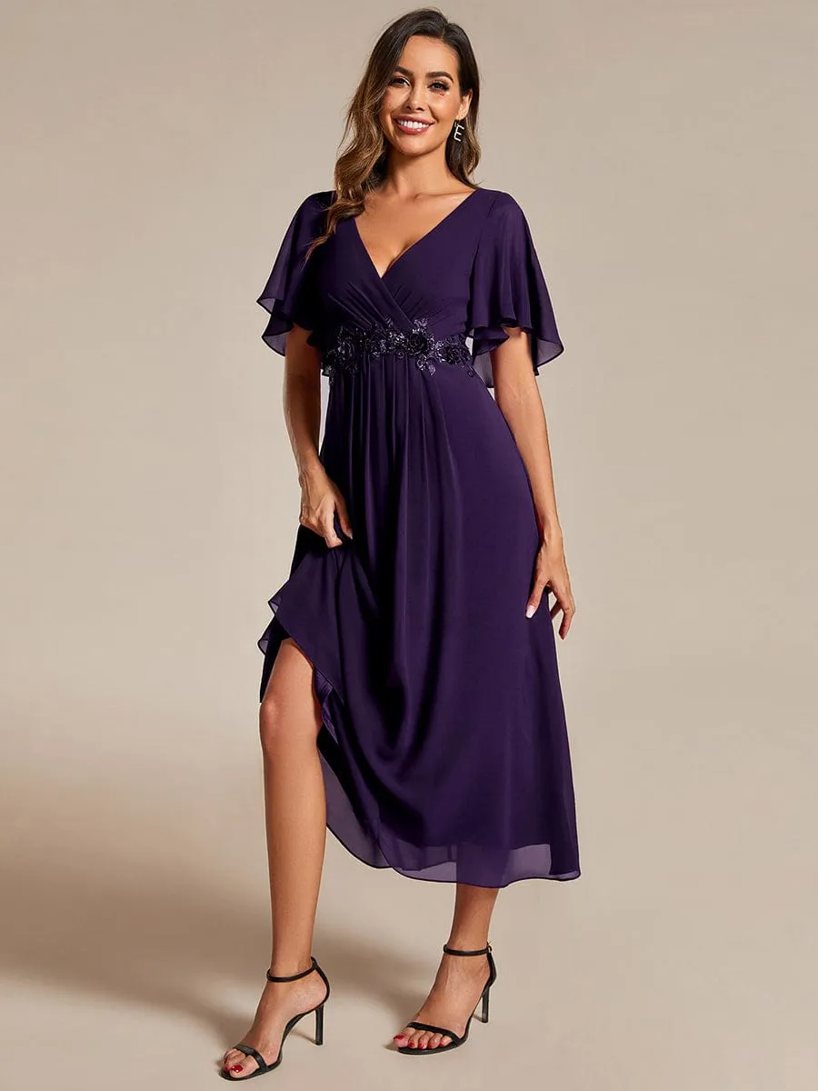 V-Neck Chiffon Midi Wedding Guest Dress with Waist Applique