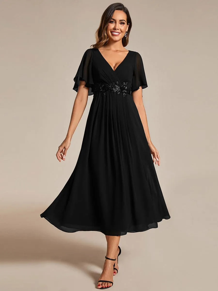 V-Neck Chiffon Midi Wedding Guest Dress with Waist Applique