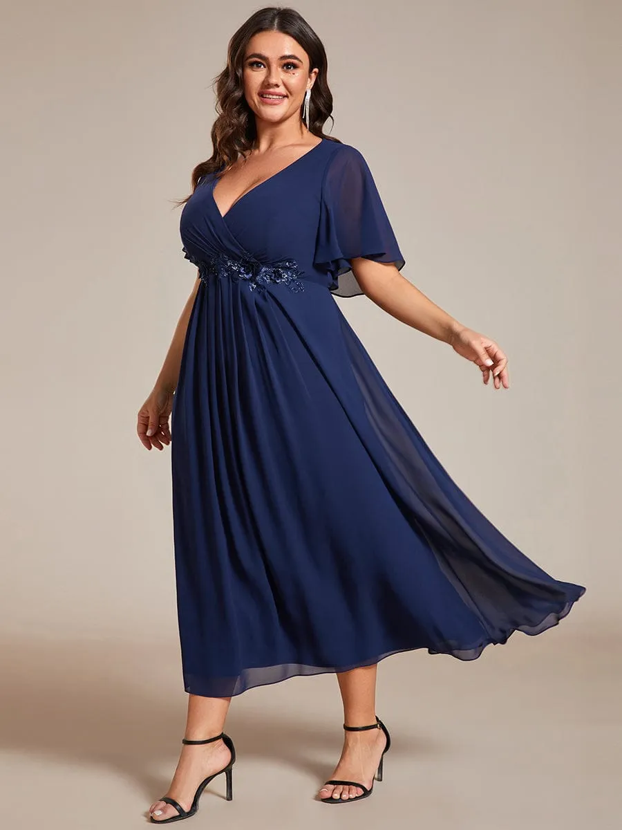 V-Neck Chiffon Midi Wedding Guest Dress with Waist Applique