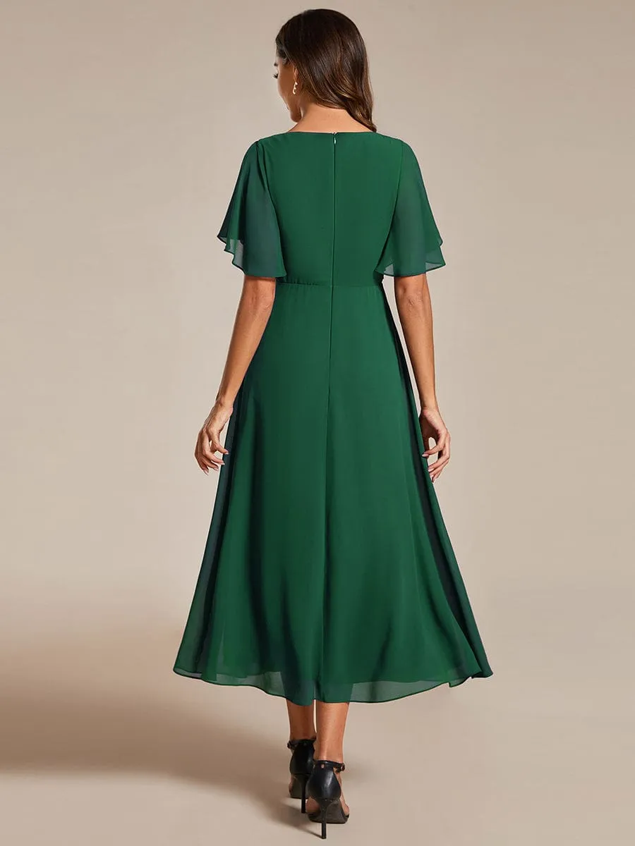 V-Neck Chiffon Midi Wedding Guest Dress with Waist Applique