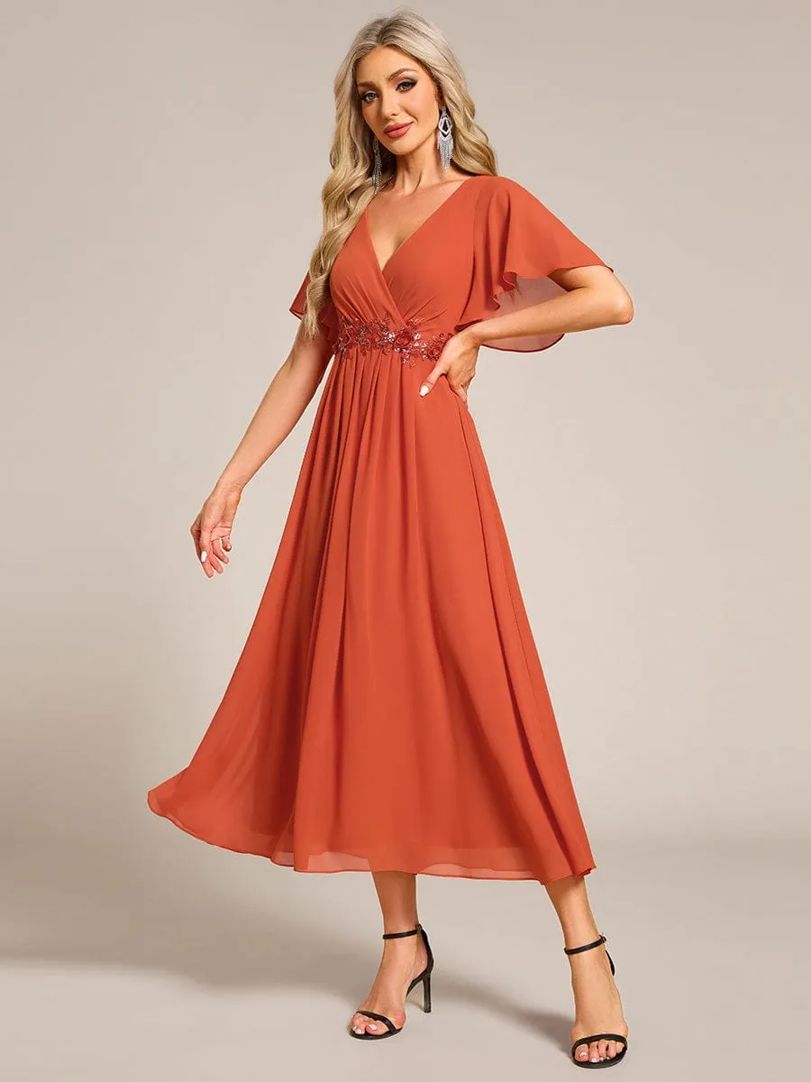 V-Neck Chiffon Midi Wedding Guest Dress with Waist Applique