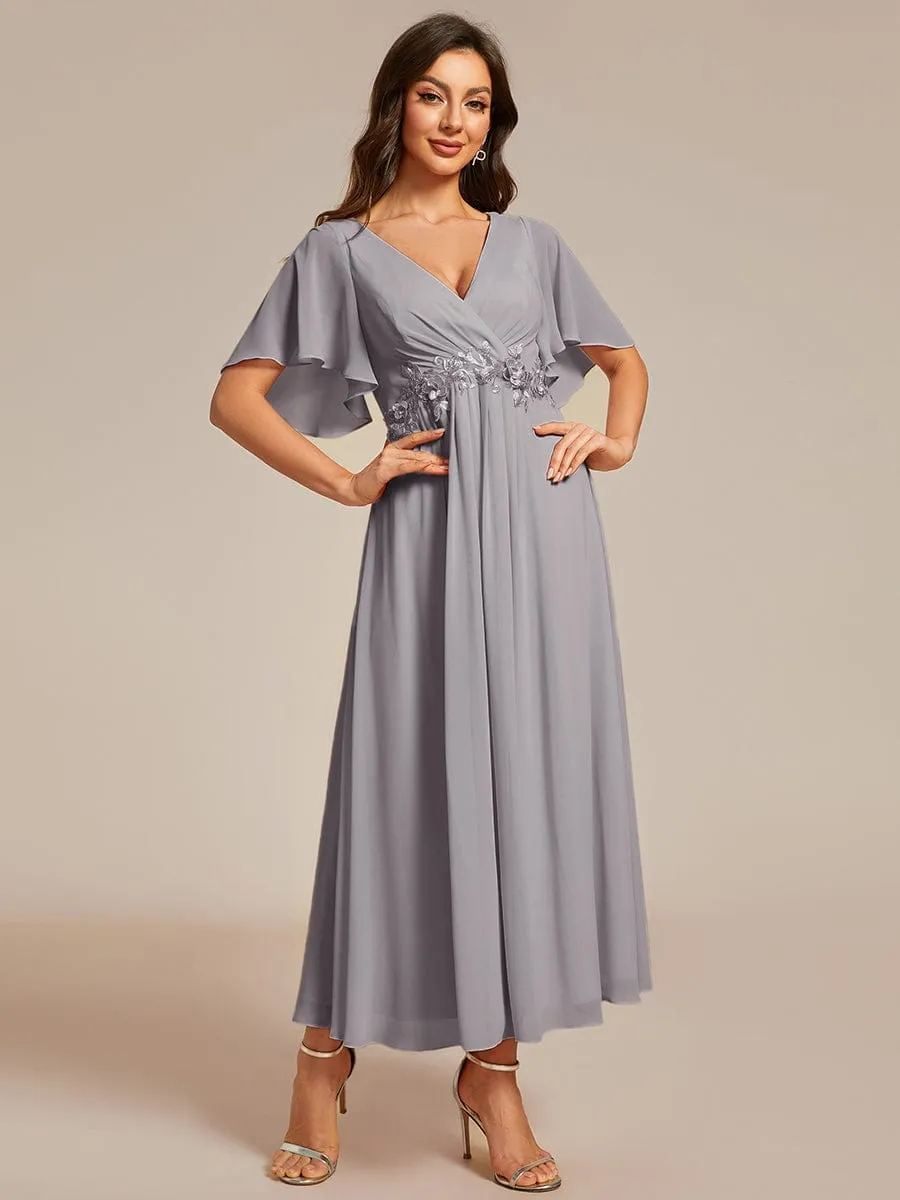 V-Neck Chiffon Midi Wedding Guest Dress with Waist Applique