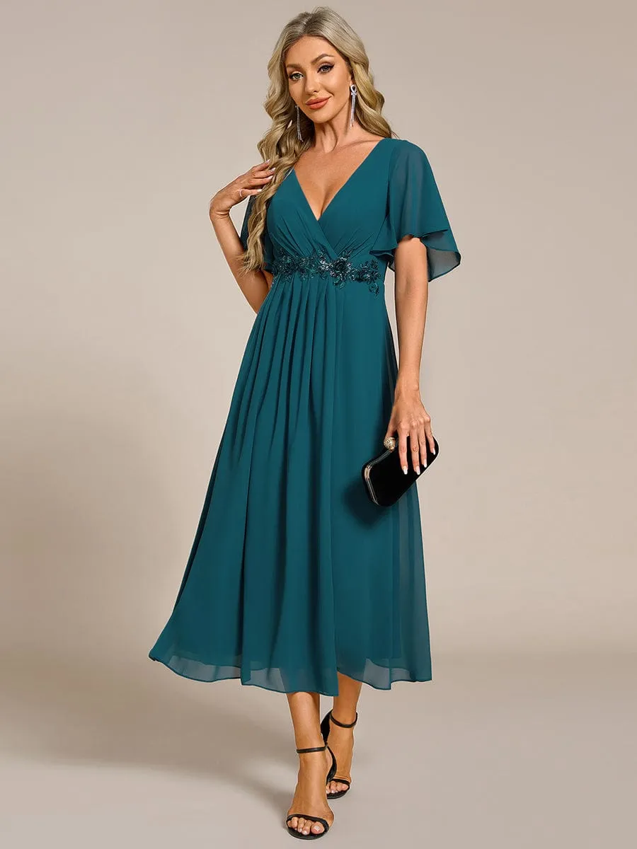 V-Neck Chiffon Midi Wedding Guest Dress with Waist Applique