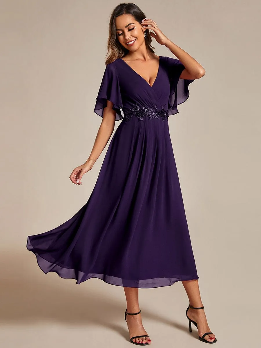 V-Neck Chiffon Midi Wedding Guest Dress with Waist Applique