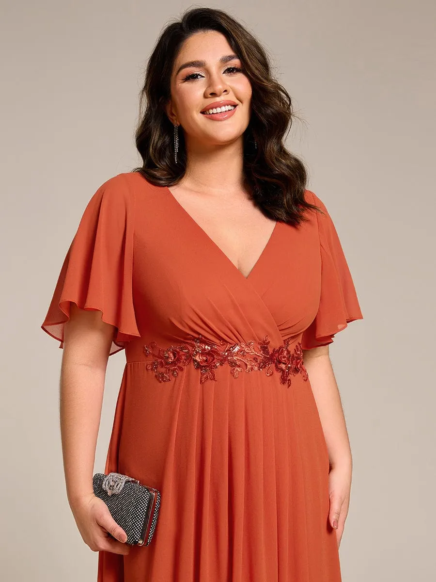 V-Neck Chiffon Midi Wedding Guest Dress with Waist Applique