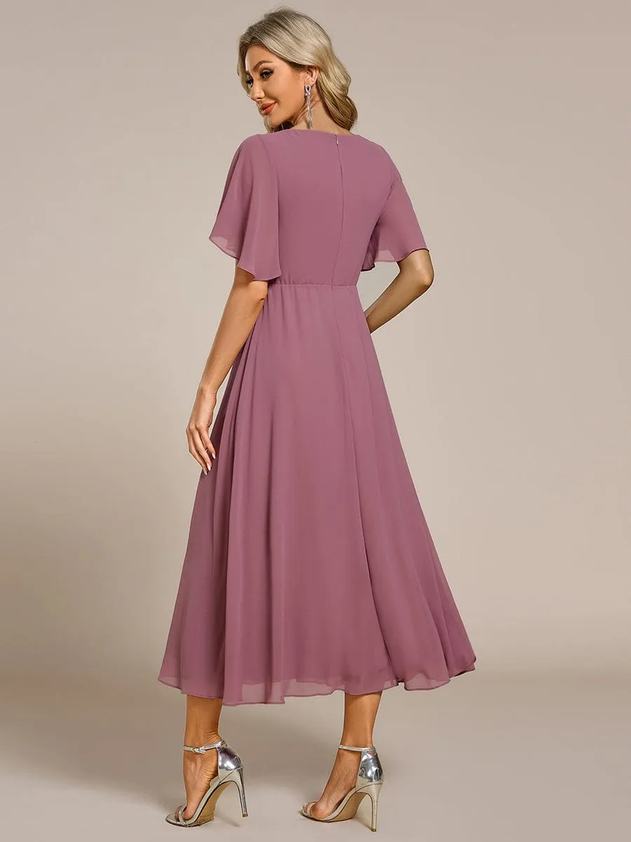 V-Neck Chiffon Midi Wedding Guest Dress with Waist Applique