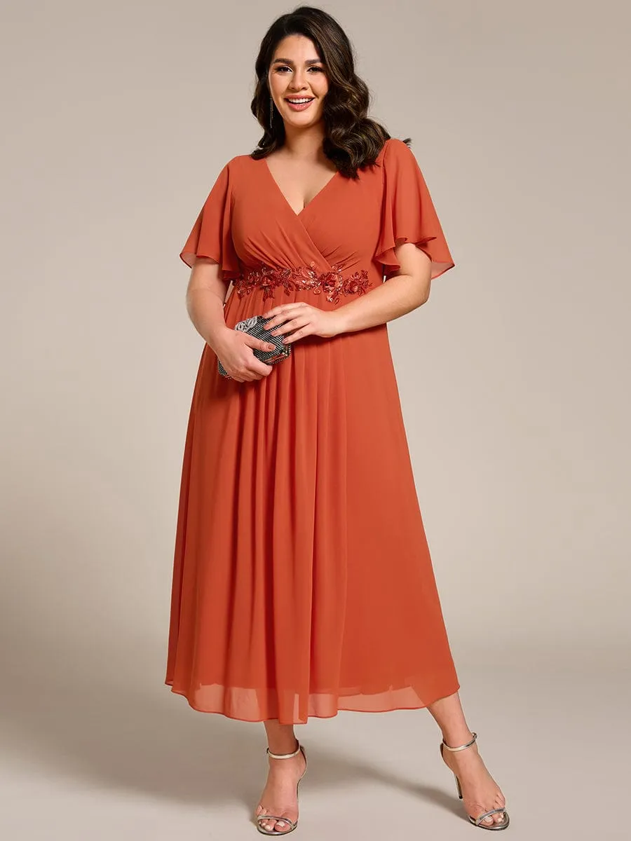 V-Neck Chiffon Midi Wedding Guest Dress with Waist Applique