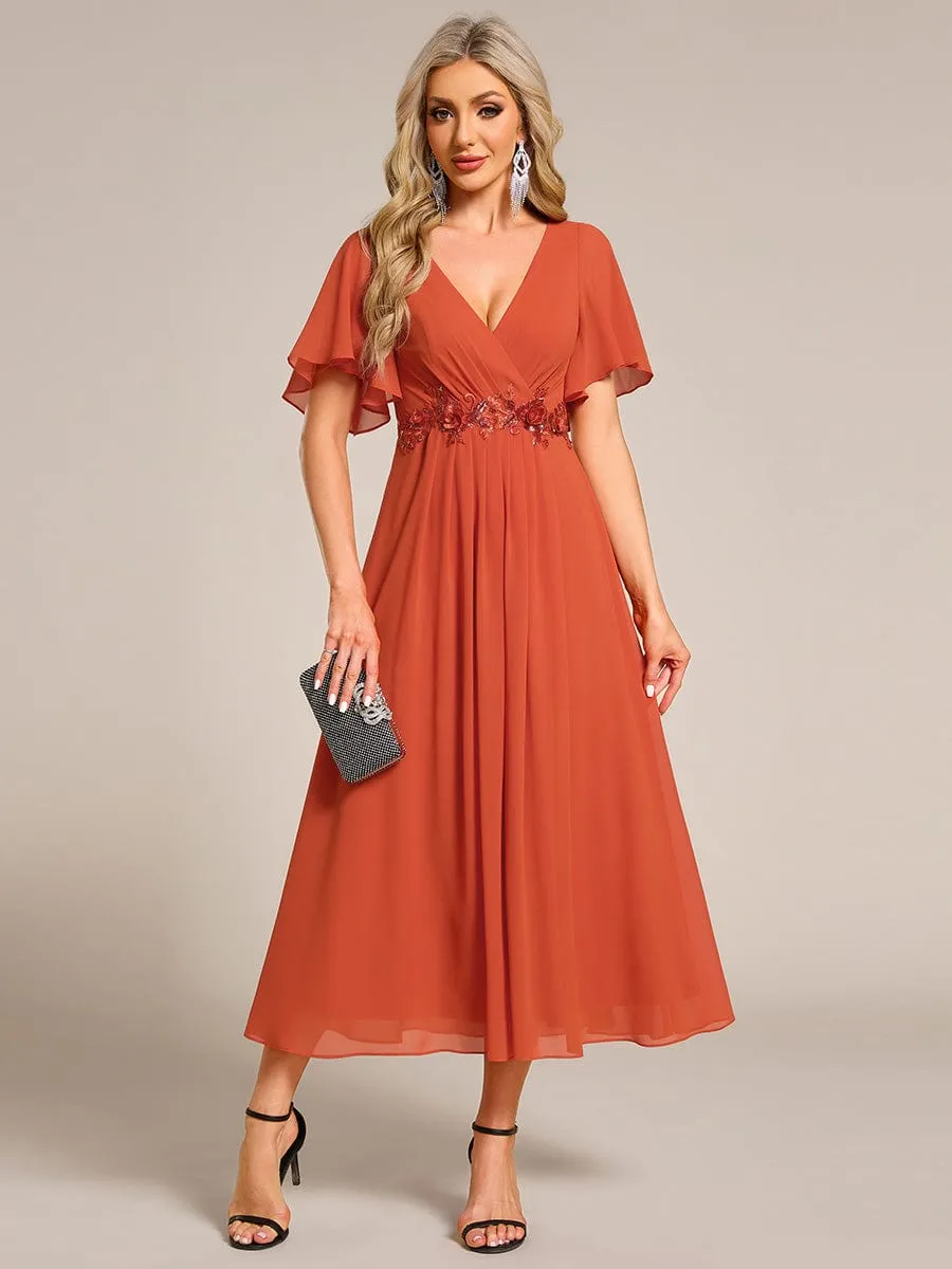 V-Neck Chiffon Midi Wedding Guest Dress with Waist Applique