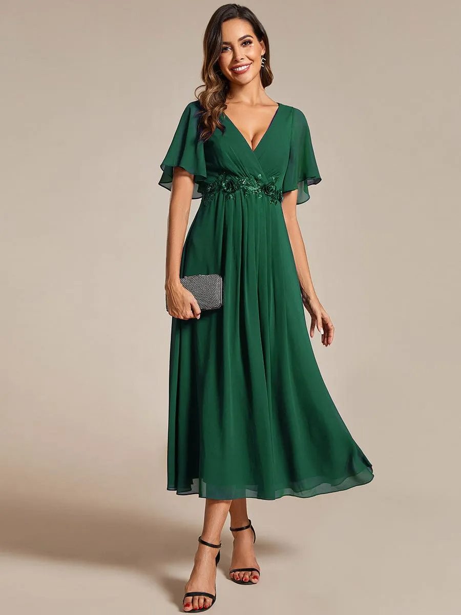 V-Neck Chiffon Midi Wedding Guest Dress with Waist Applique