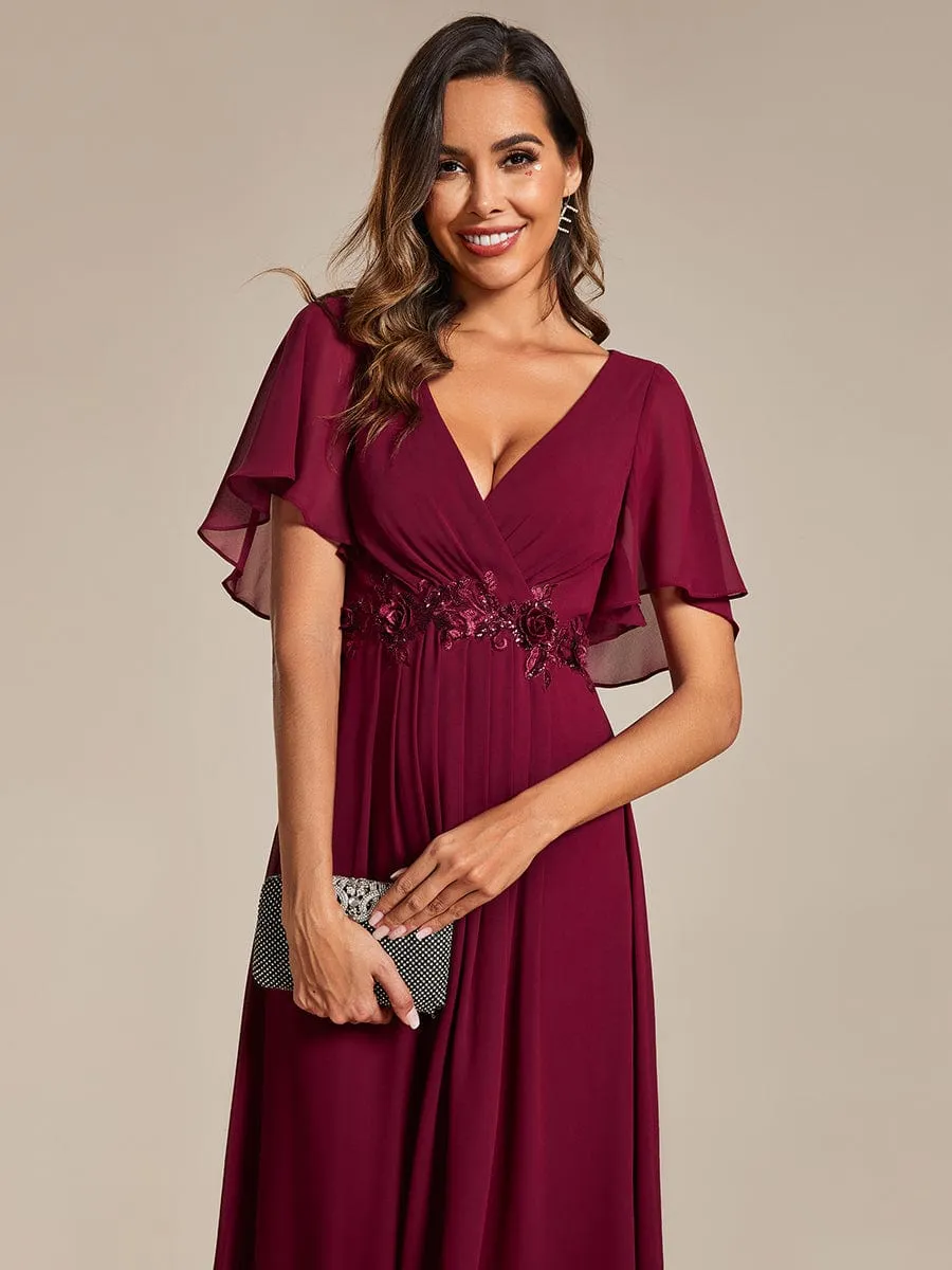 V-Neck Chiffon Midi Wedding Guest Dress with Waist Applique