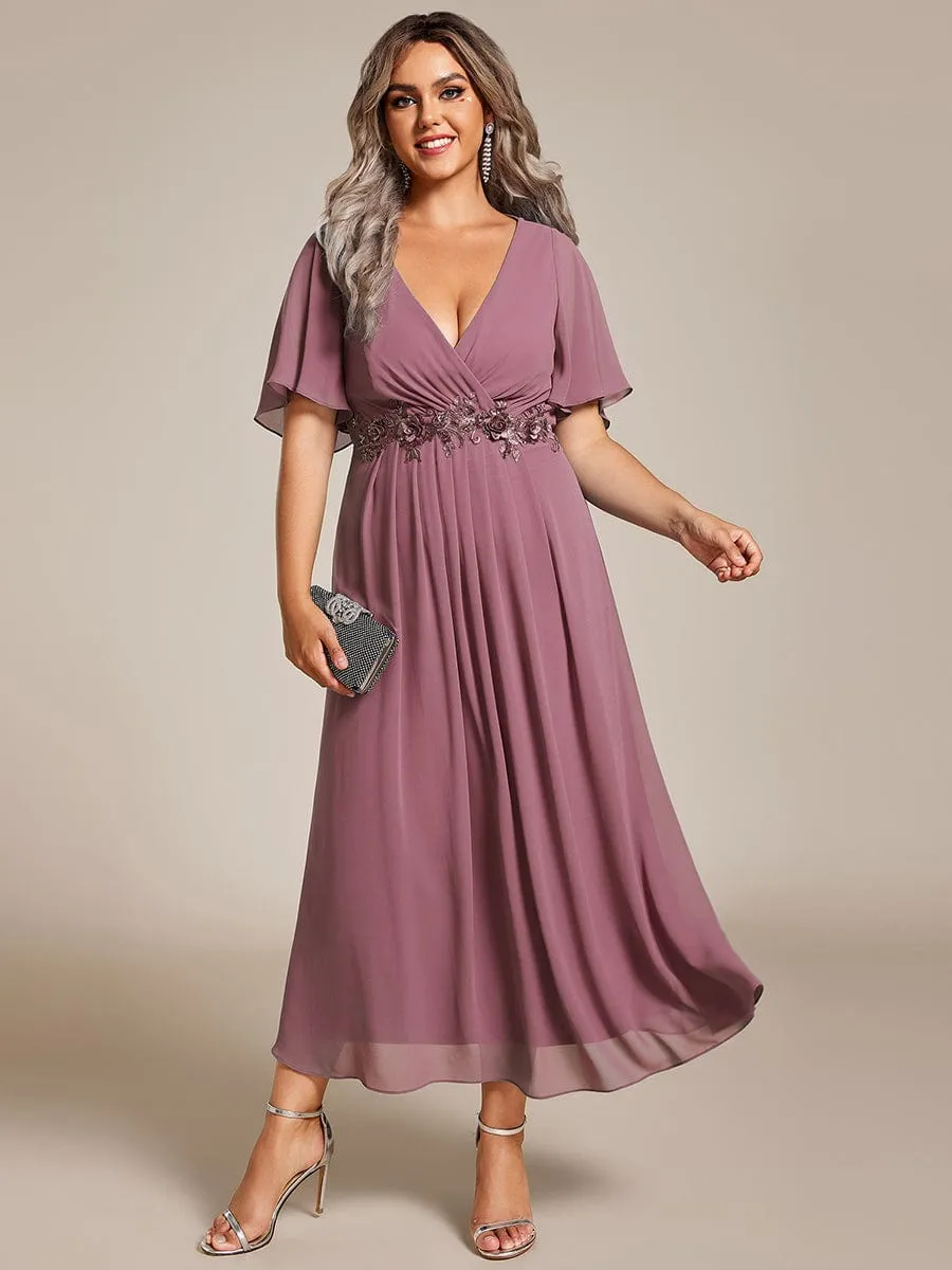 V-Neck Chiffon Midi Wedding Guest Dress with Waist Applique