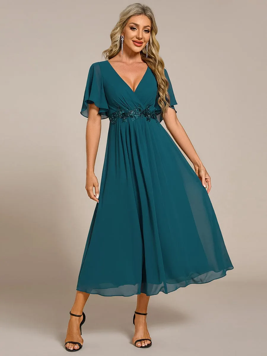 V-Neck Chiffon Midi Wedding Guest Dress with Waist Applique