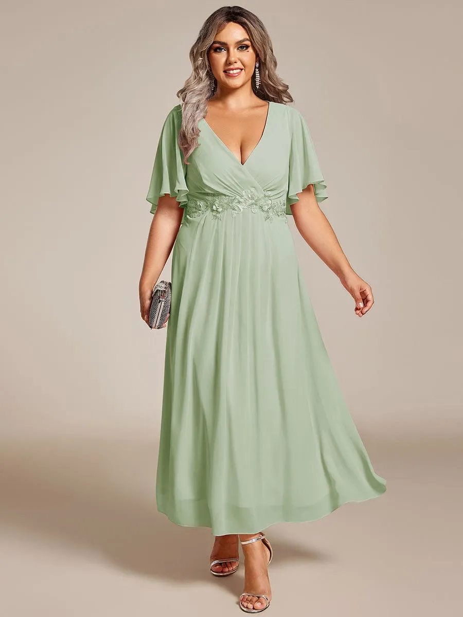 V-Neck Chiffon Midi Wedding Guest Dress with Waist Applique