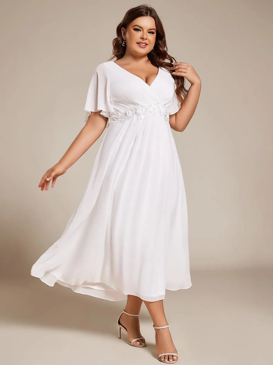 V-Neck Chiffon Midi Wedding Guest Dress with Waist Applique