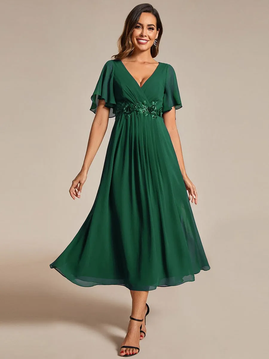 V-Neck Chiffon Midi Wedding Guest Dress with Waist Applique