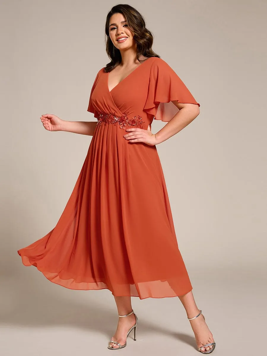 V-Neck Chiffon Midi Wedding Guest Dress with Waist Applique