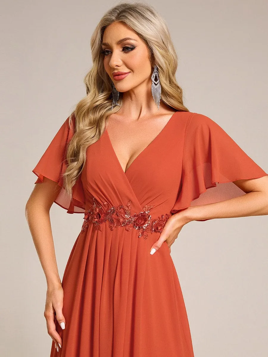 V-Neck Chiffon Midi Wedding Guest Dress with Waist Applique