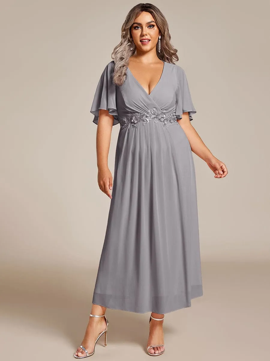 V-Neck Chiffon Midi Wedding Guest Dress with Waist Applique