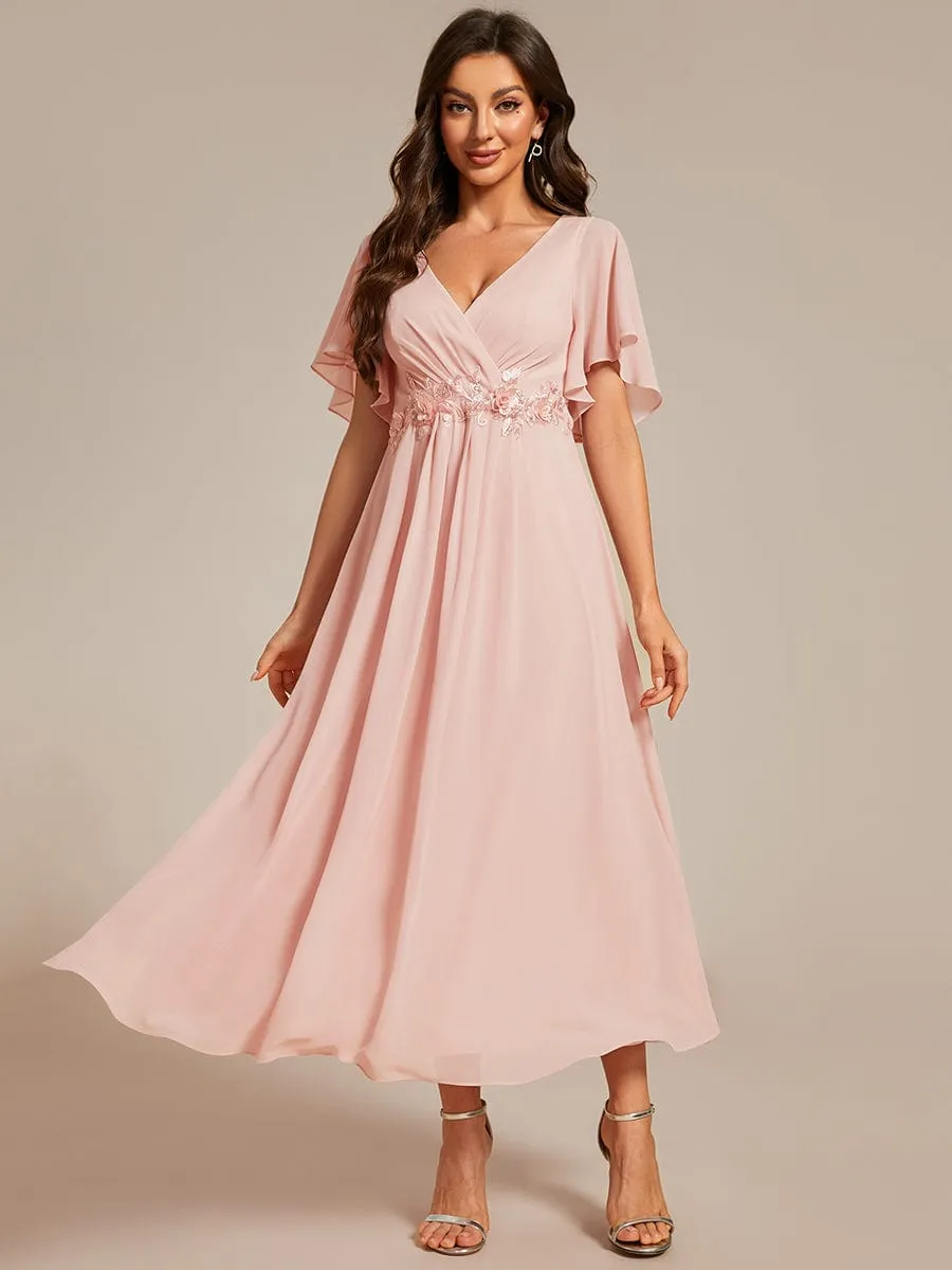 V-Neck Chiffon Midi Wedding Guest Dress with Waist Applique