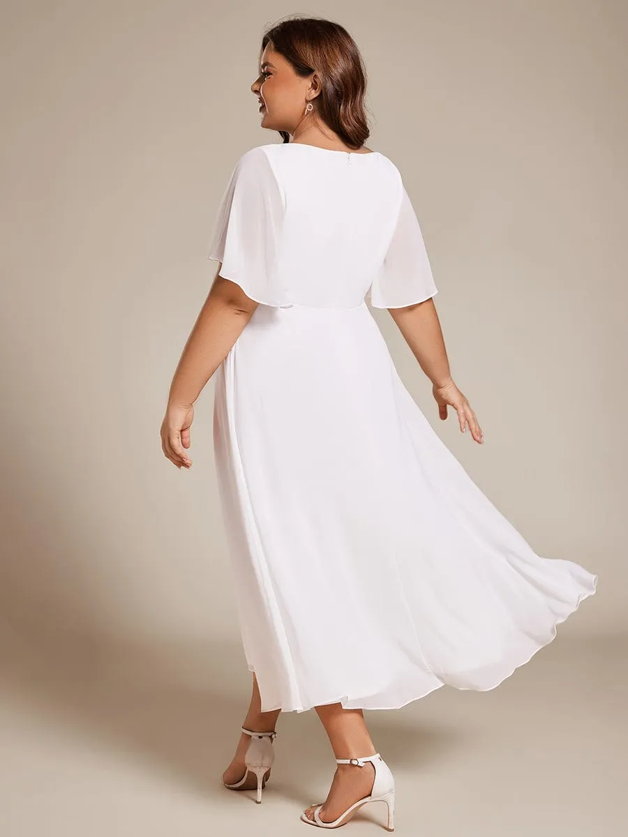 V-Neck Chiffon Midi Wedding Guest Dress with Waist Applique