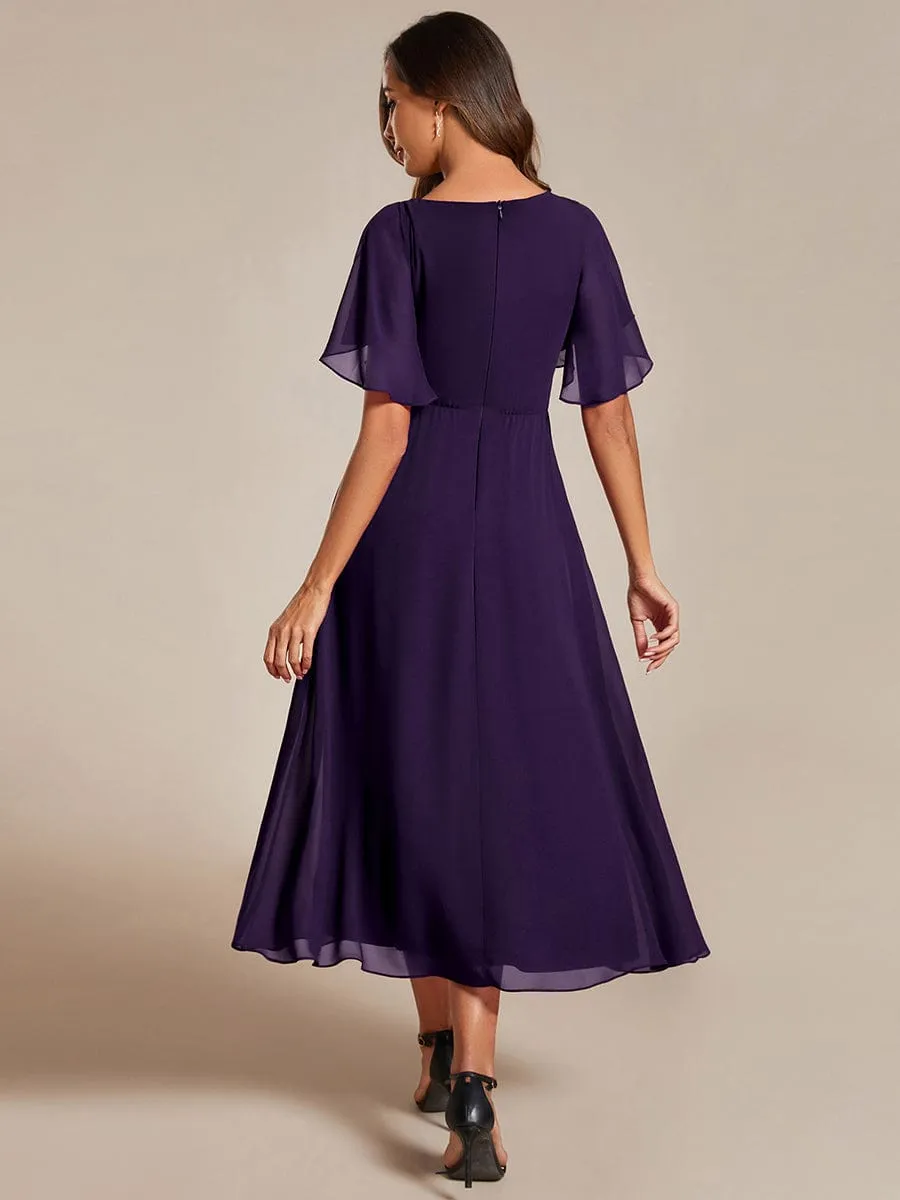 V-Neck Chiffon Midi Wedding Guest Dress with Waist Applique