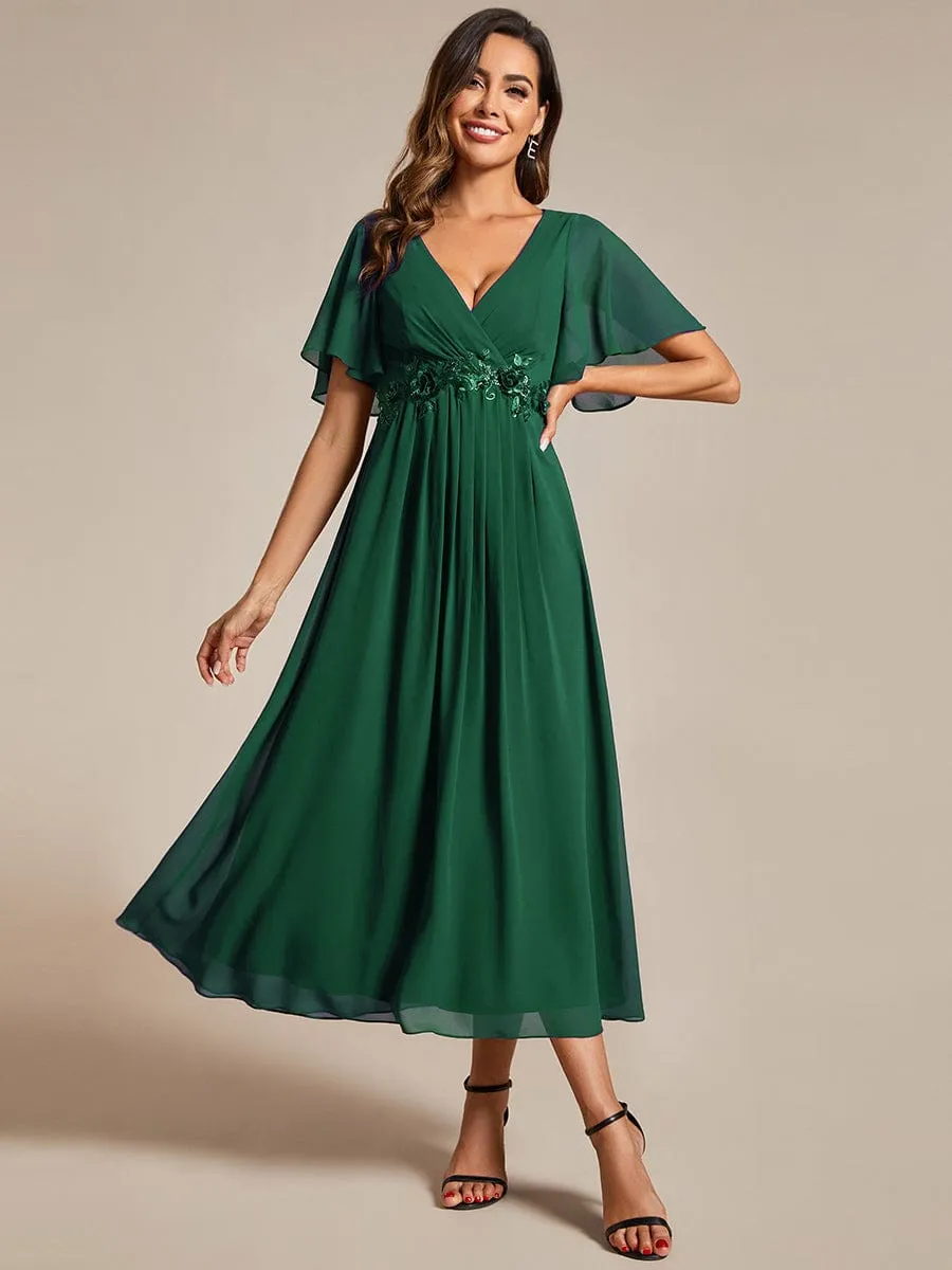 V-Neck Chiffon Midi Wedding Guest Dress with Waist Applique