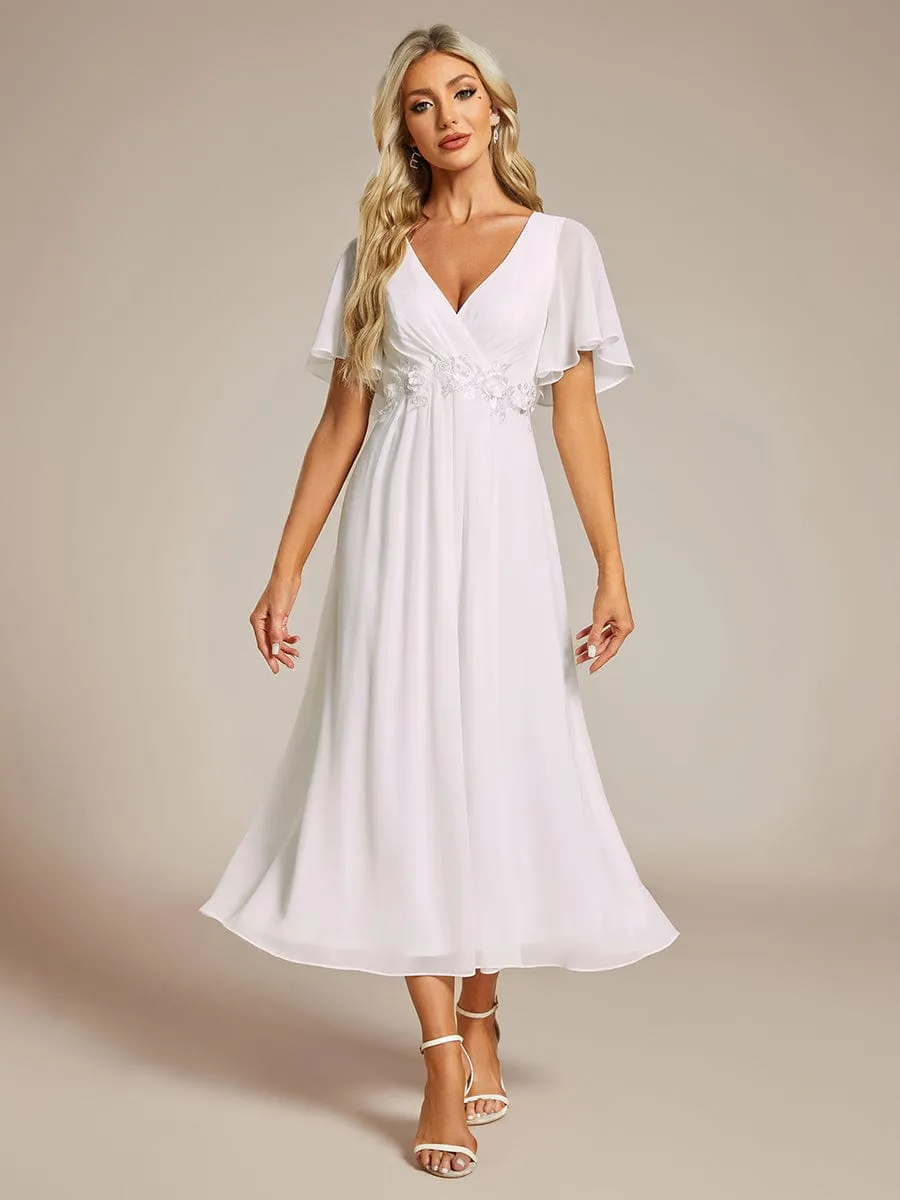 V-Neck Chiffon Midi Wedding Guest Dress with Waist Applique