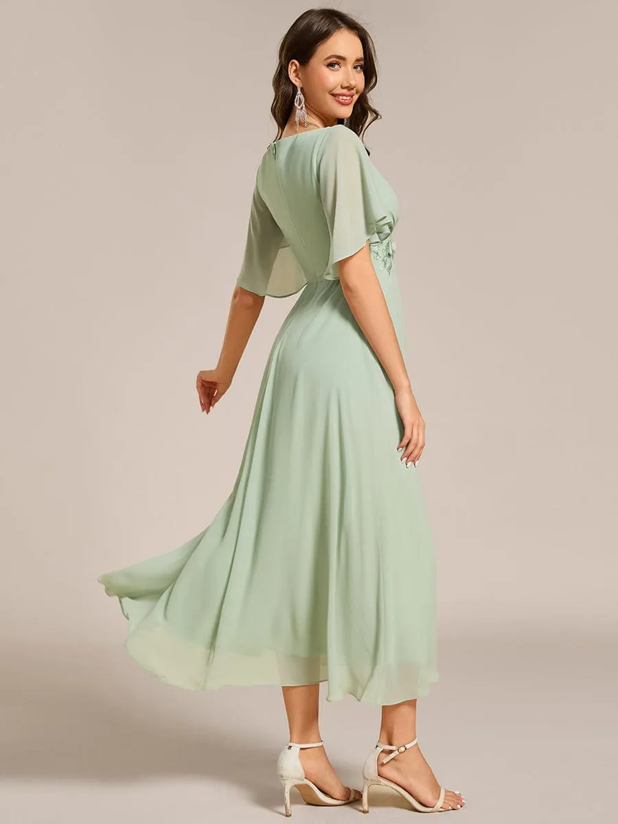 V-Neck Chiffon Midi Wedding Guest Dress with Waist Applique