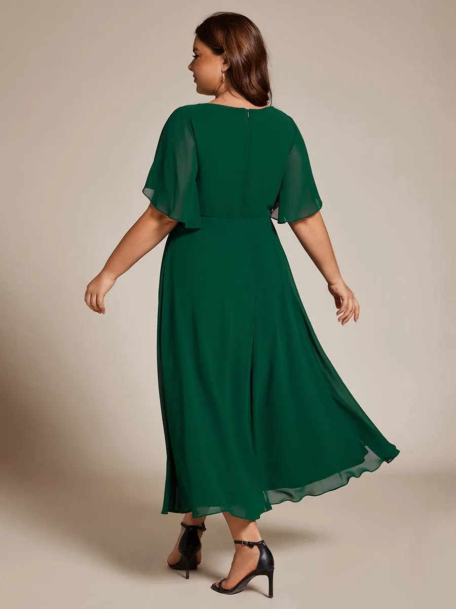 V-Neck Chiffon Midi Wedding Guest Dress with Waist Applique