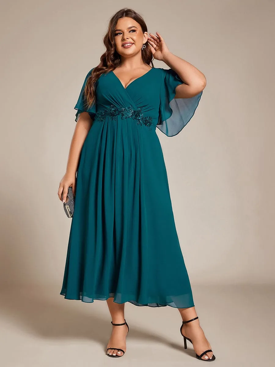 V-Neck Chiffon Midi Wedding Guest Dress with Waist Applique