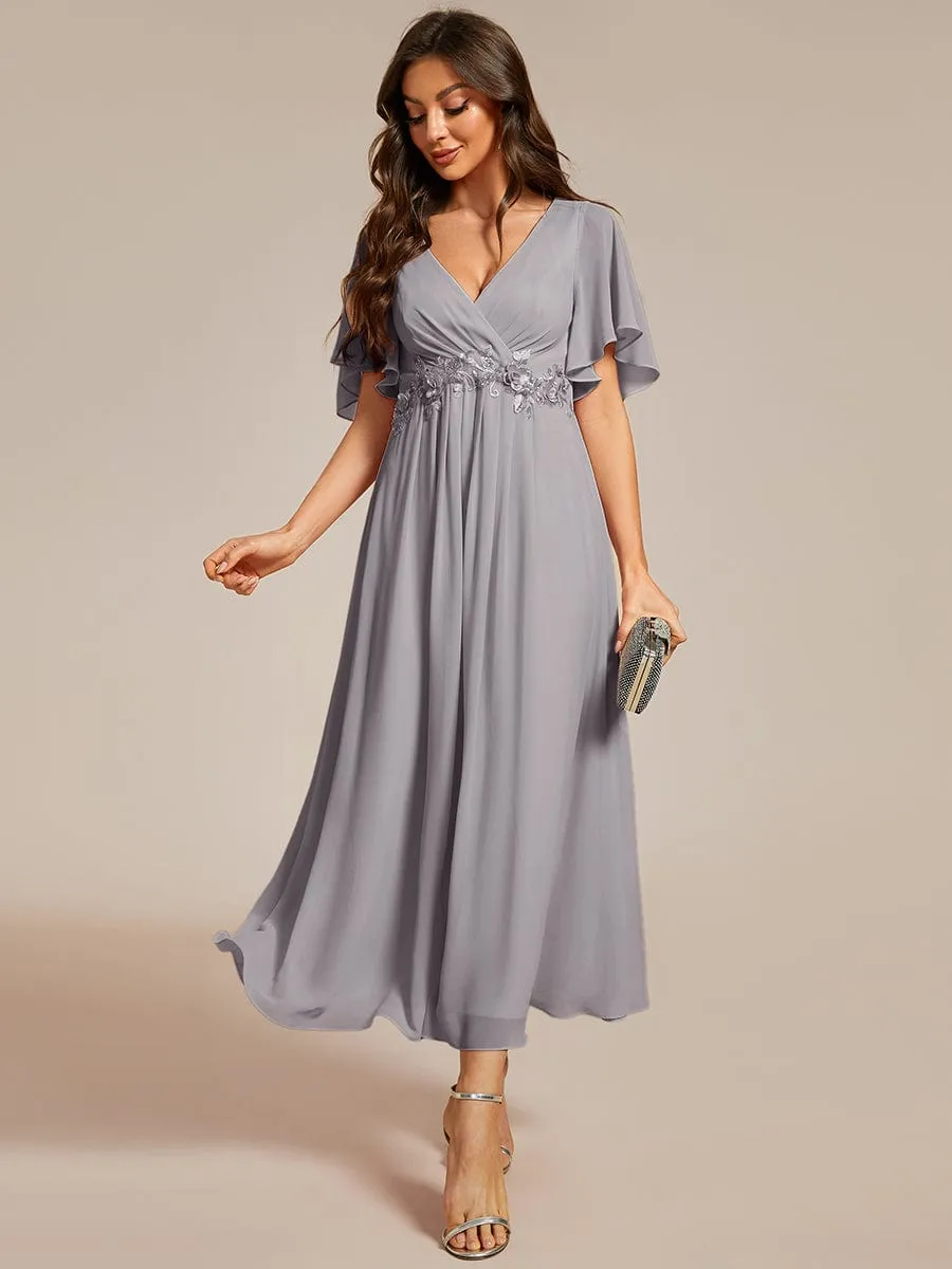 V-Neck Chiffon Midi Wedding Guest Dress with Waist Applique