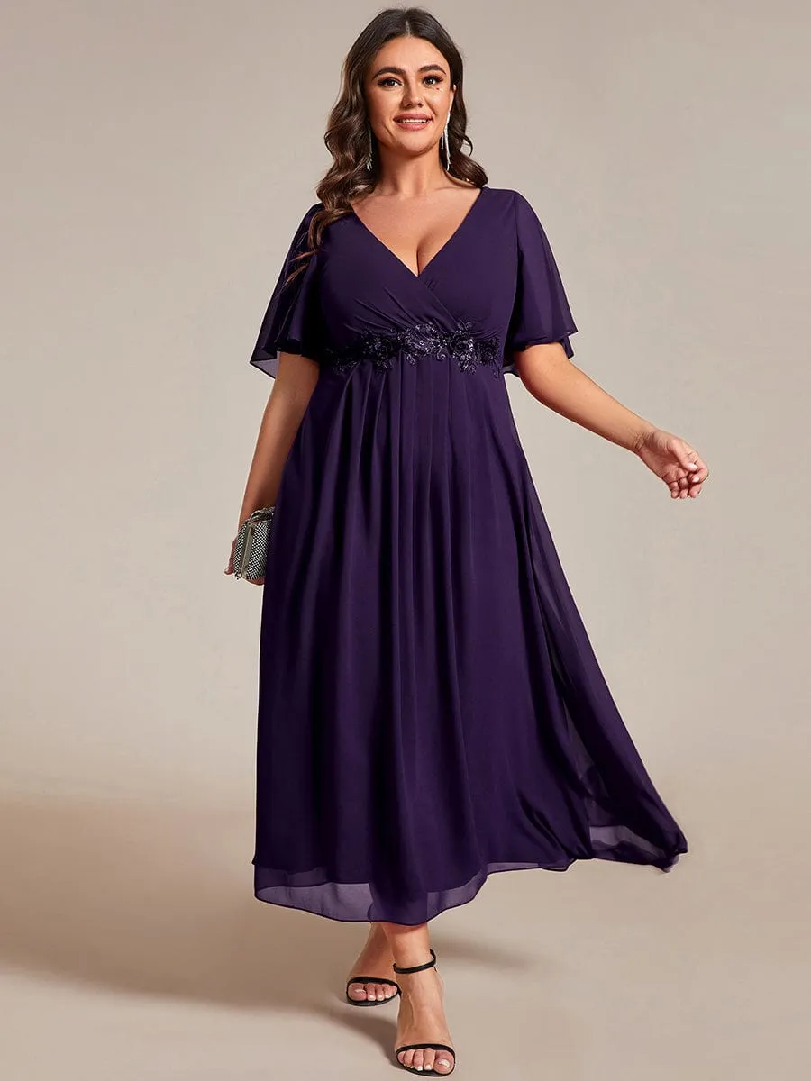 V-Neck Chiffon Midi Wedding Guest Dress with Waist Applique