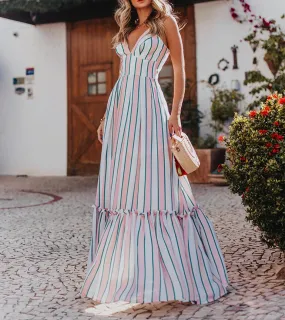 V-neck Stripe Sleeveless Long Dress