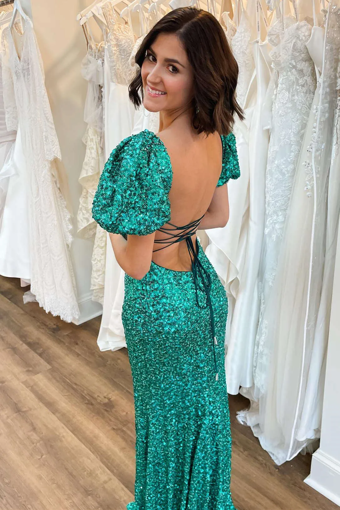 Velma | Square Neck Emerald Green Sequin Mermaid Prom Dress