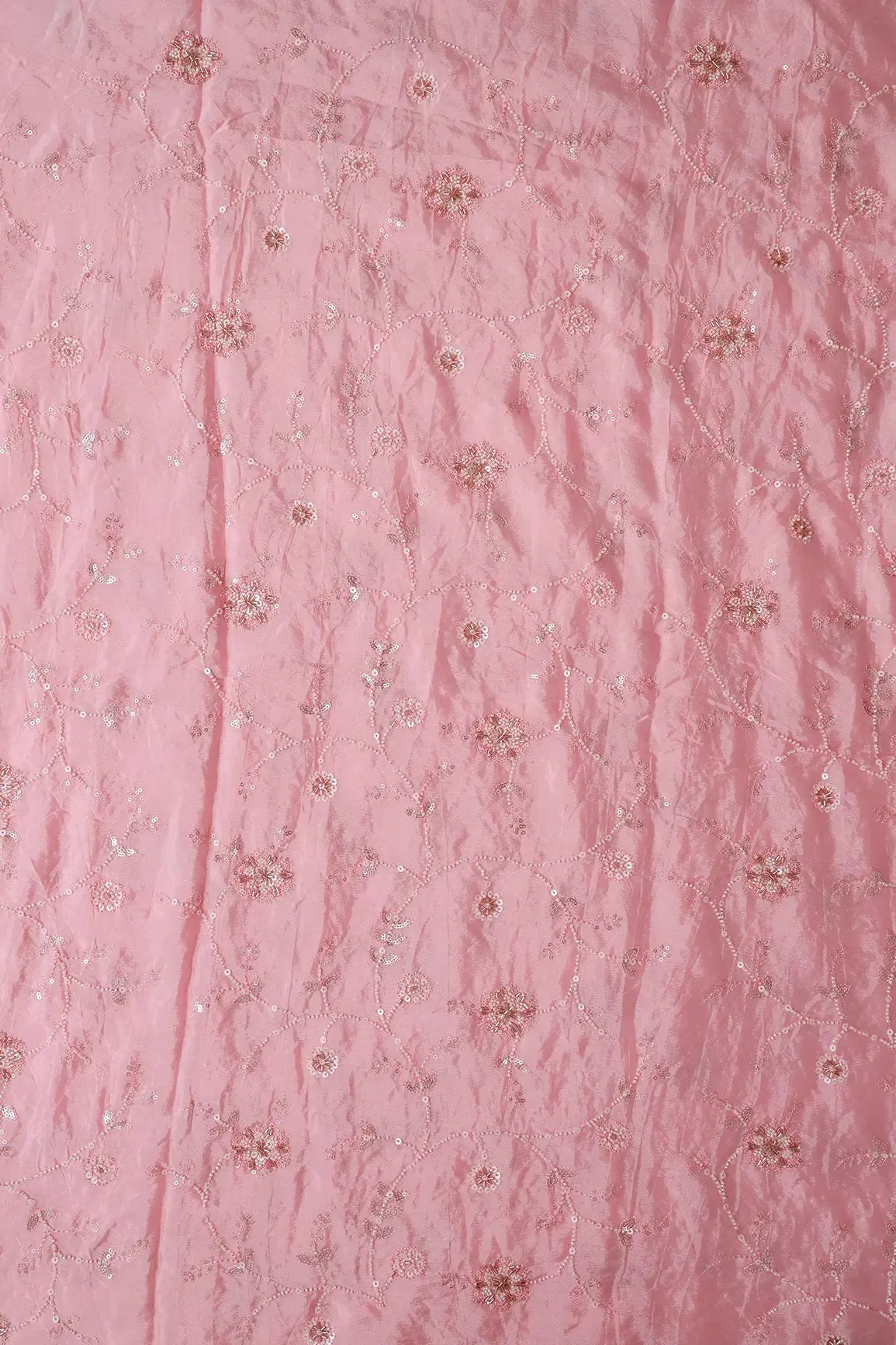 White Beads And Sequins Floral Embroidery On Pink Chinnon Chiffon Fabric