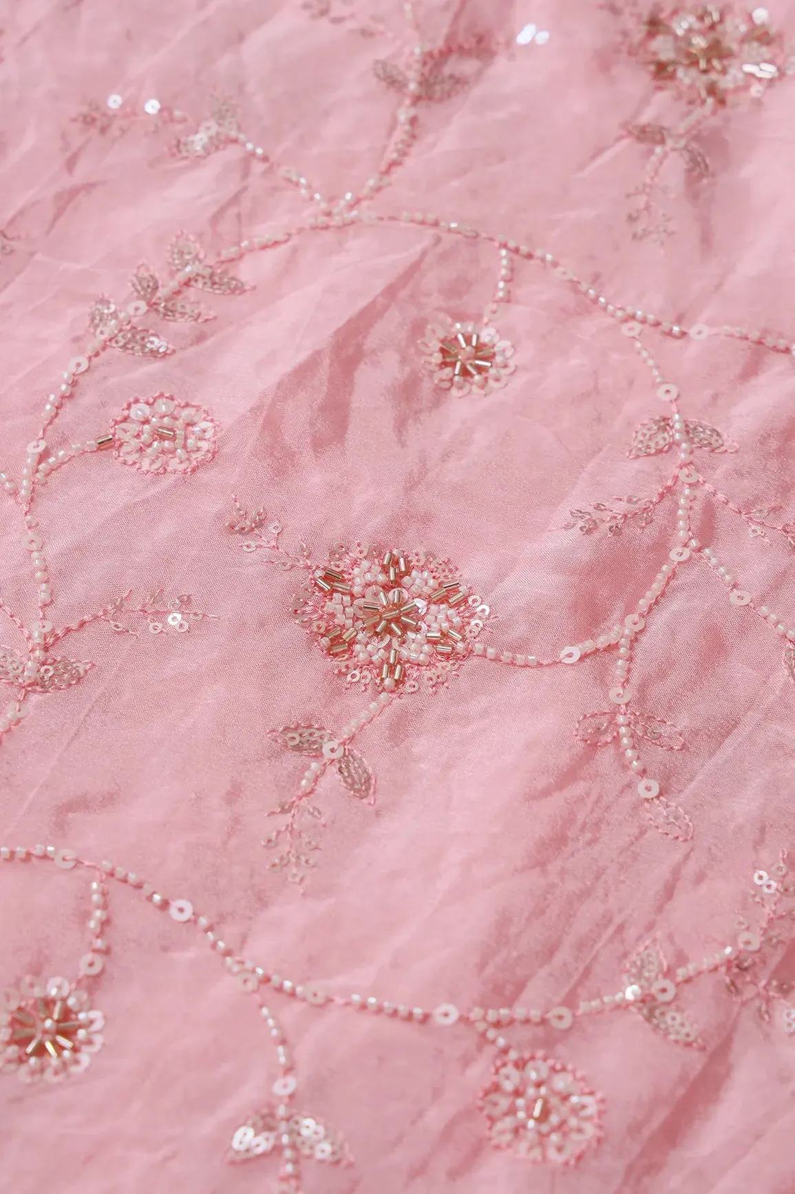 White Beads And Sequins Floral Embroidery On Pink Chinnon Chiffon Fabric