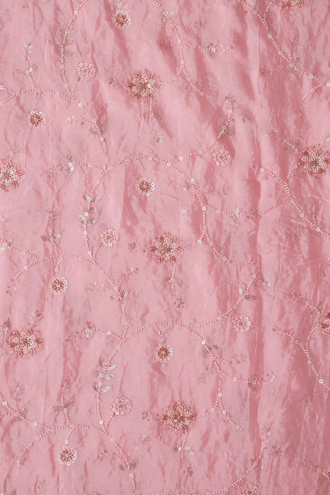 White Beads And Sequins Floral Embroidery On Pink Chinnon Chiffon Fabric