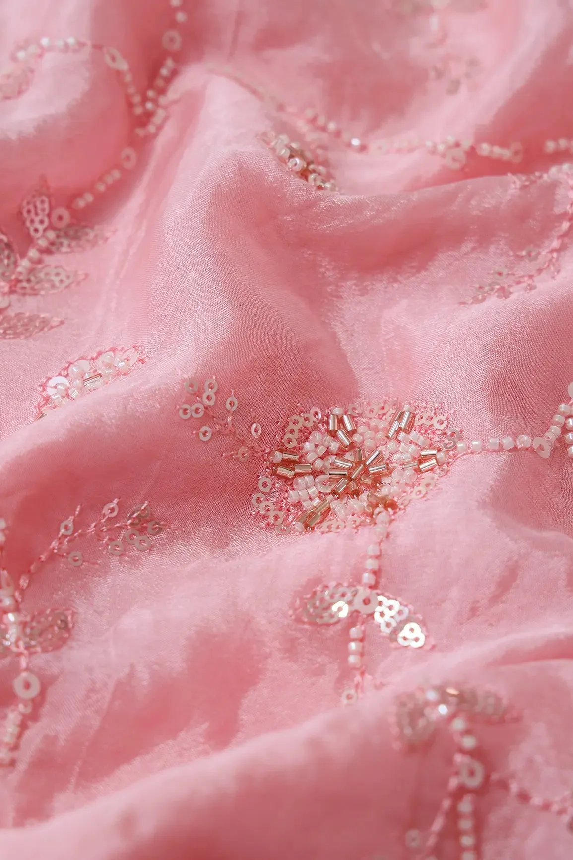 White Beads And Sequins Floral Embroidery On Pink Chinnon Chiffon Fabric