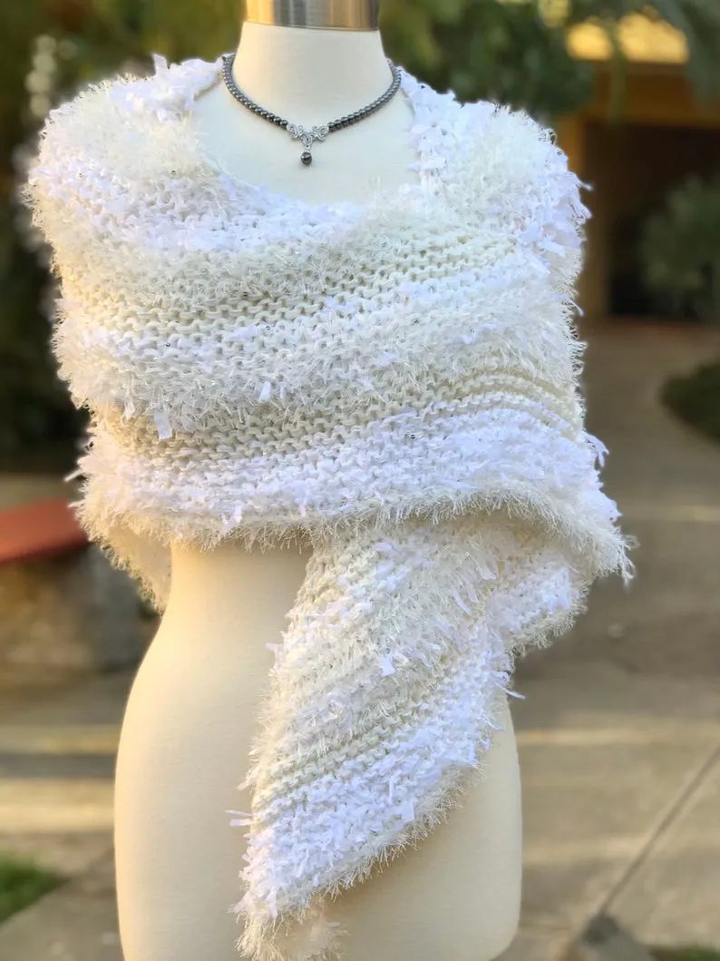 White Knitted Triangular Shawl, Wedding Knitted Neckerchief Triangular Handkerchief, Mottled Knotted Scarf, Wedding Wrap