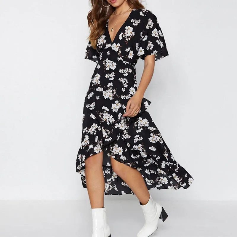 Women Boho Floral Print Chiffon Dress Sexy Summer