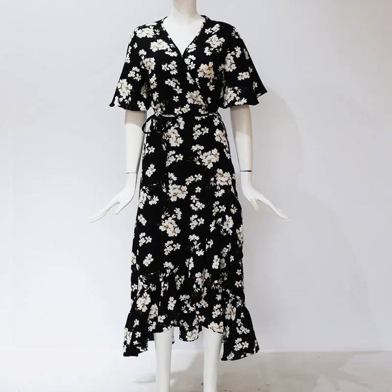 Women Boho Floral Print Chiffon Dress Sexy Summer